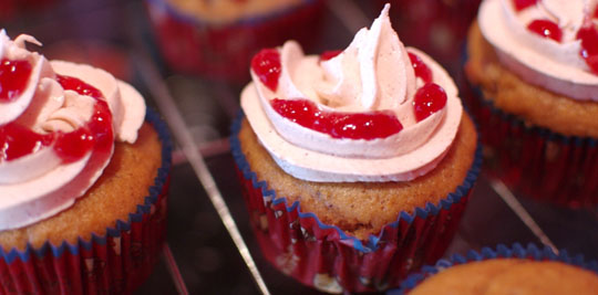 pumpkin cupcake with cranberry syrup