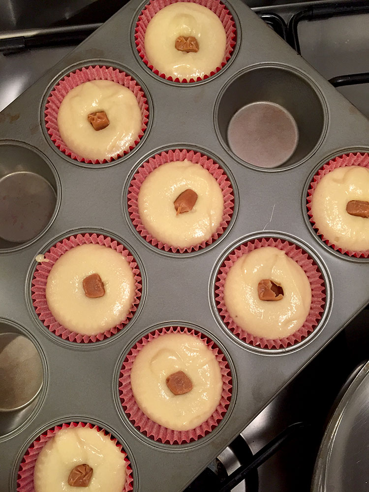 Caramels dropped in cupcake batter